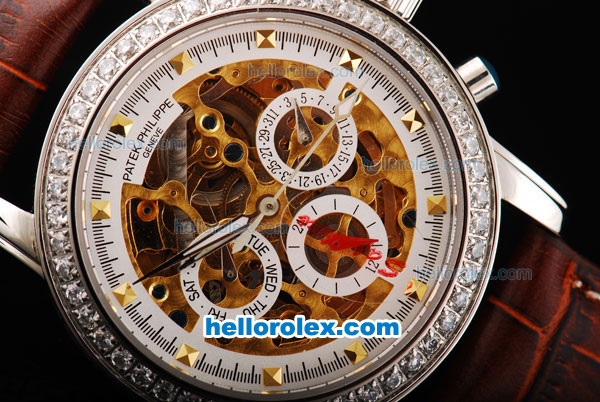 Patek Philippe Skeleton Automatic Movement Steel Case with Diamonds Bezel with Golden Studs Markers and Brown Leather Strap - Click Image to Close